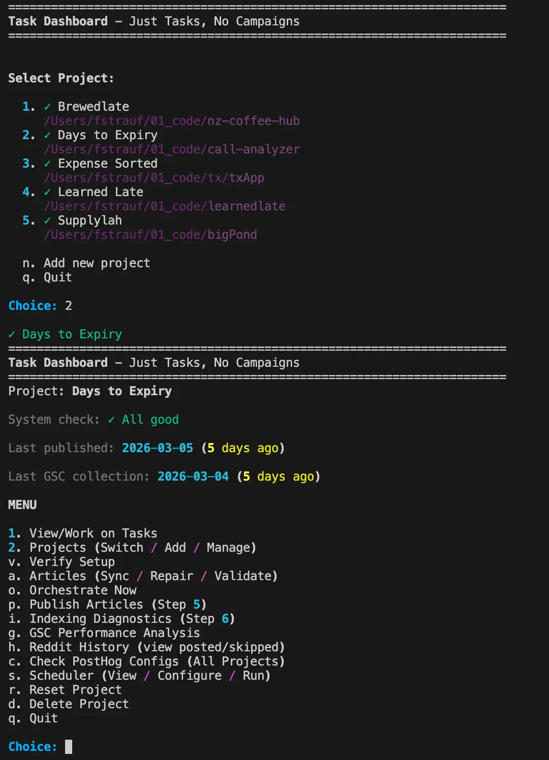 Terminal task dashboard menu for selecting a project such as Brewedlate or Days to Expiry