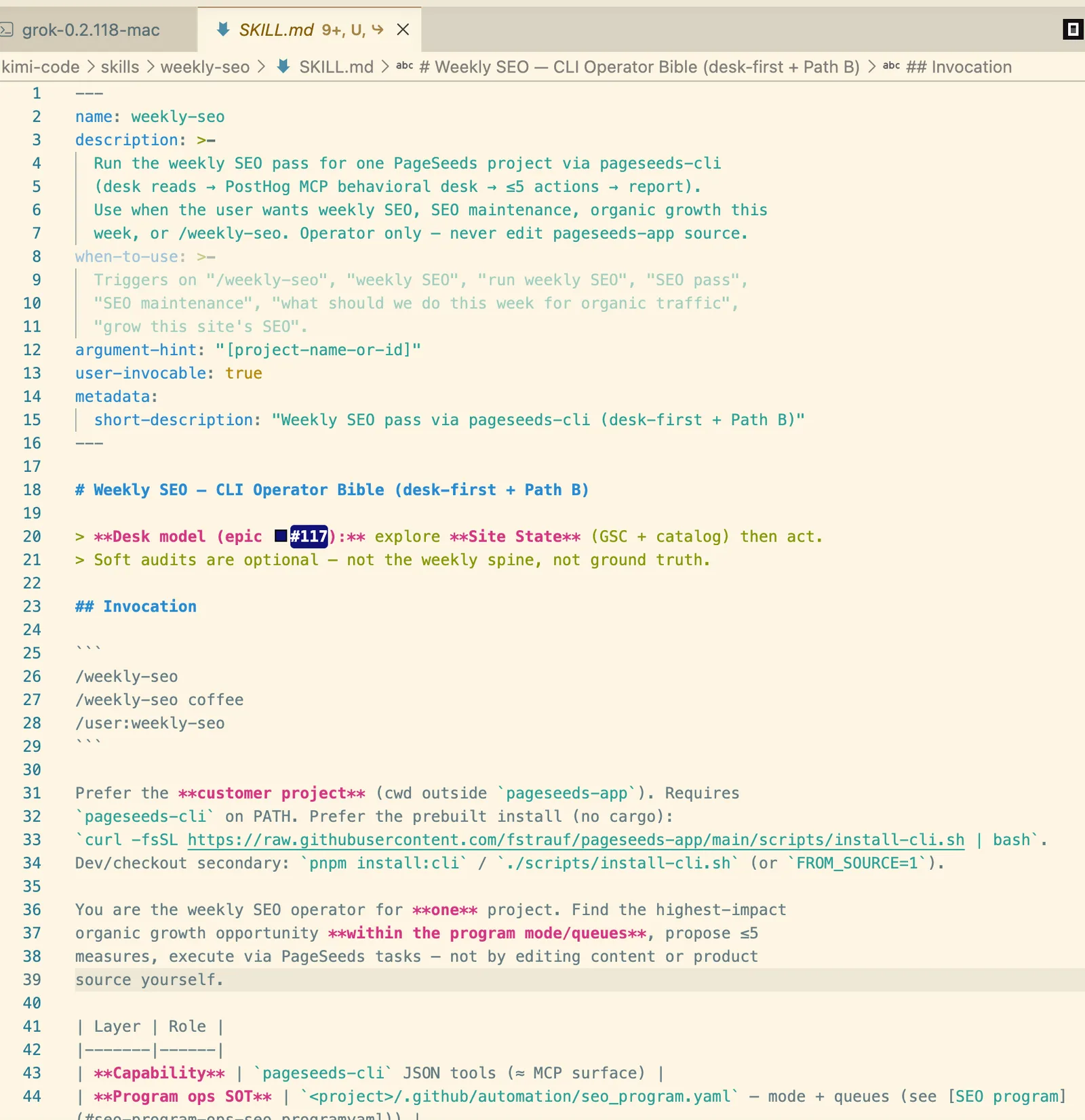 SKILL.md file for a weekly-seo skill open in an editor with invocation instructions