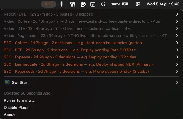 macOS menu bar dropdown listing Reddit, video and SEO tasks with their pending decisions