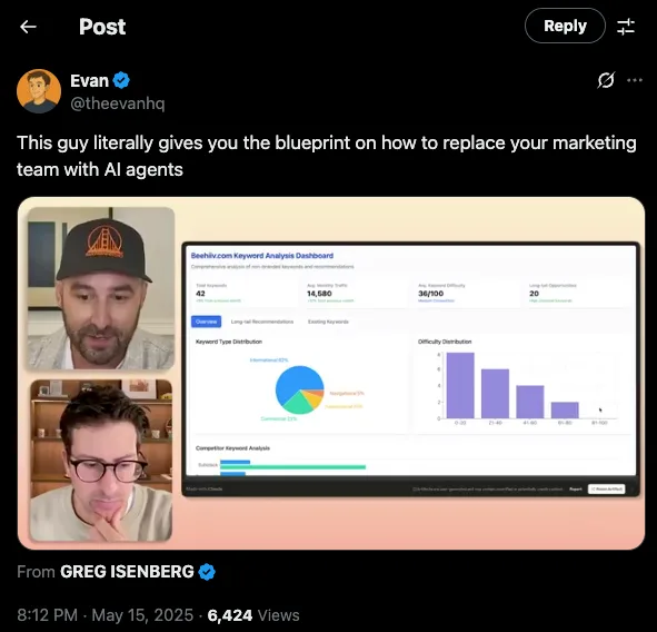 Tweet about replacing a marketing team with AI agents showing two men on a video call and a keyword dashboard