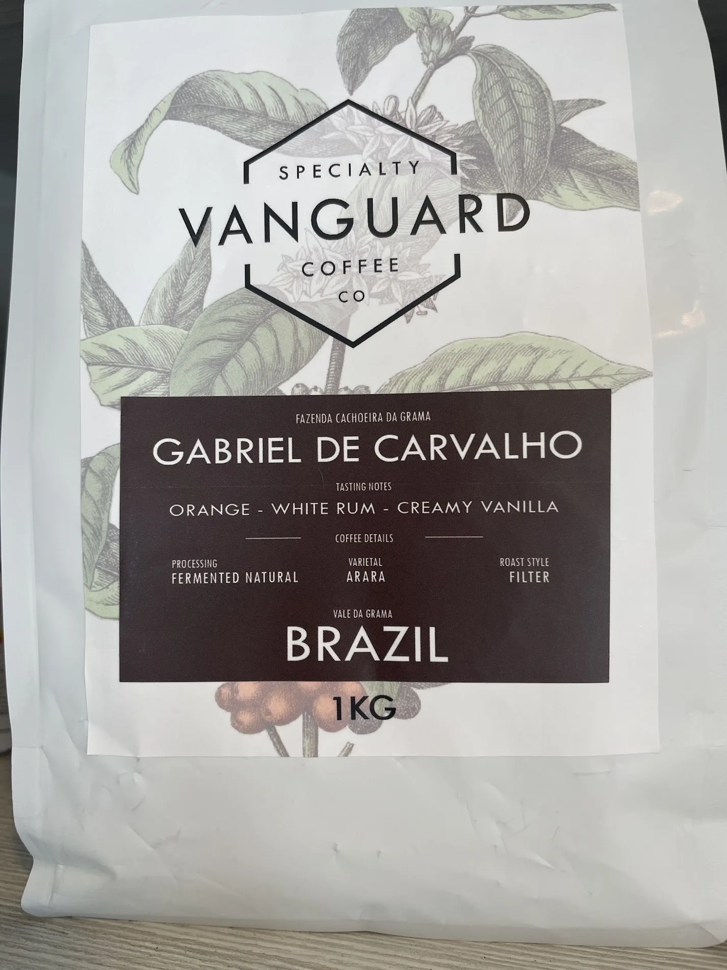 A 1 kg bag of Vanguard Coffee Co green beans from Brazil, a fermented natural Arara